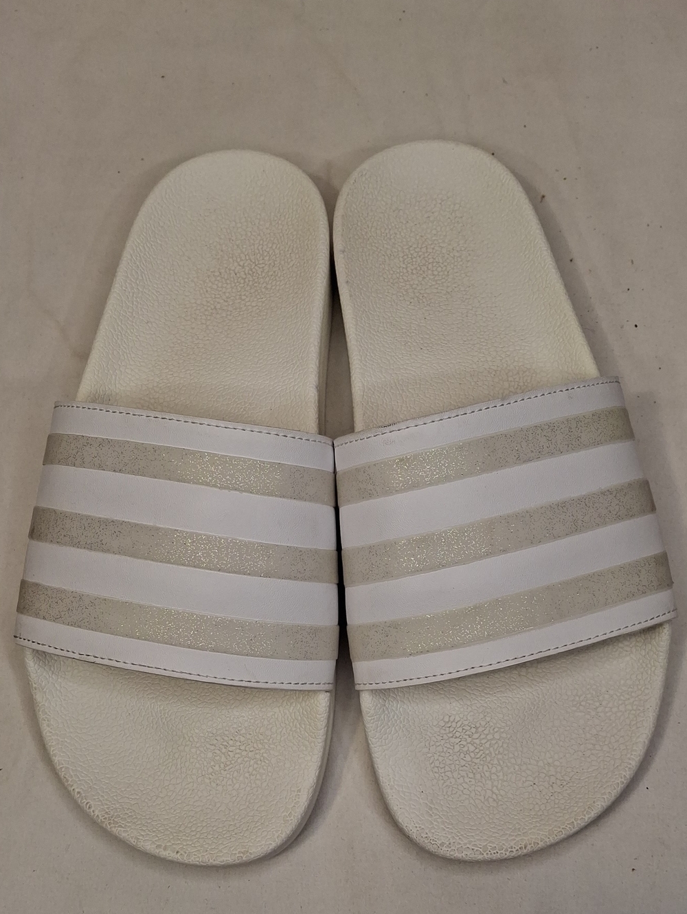 adidas Women's White Slide Sandals with Metallic Silver Stripes. Like New.